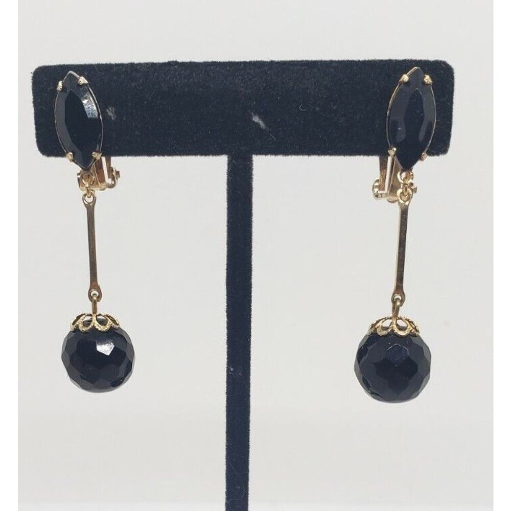Vintage 60s long black glass classic Earrings LEWIS SEGAL Clip Ball Drop Dangle